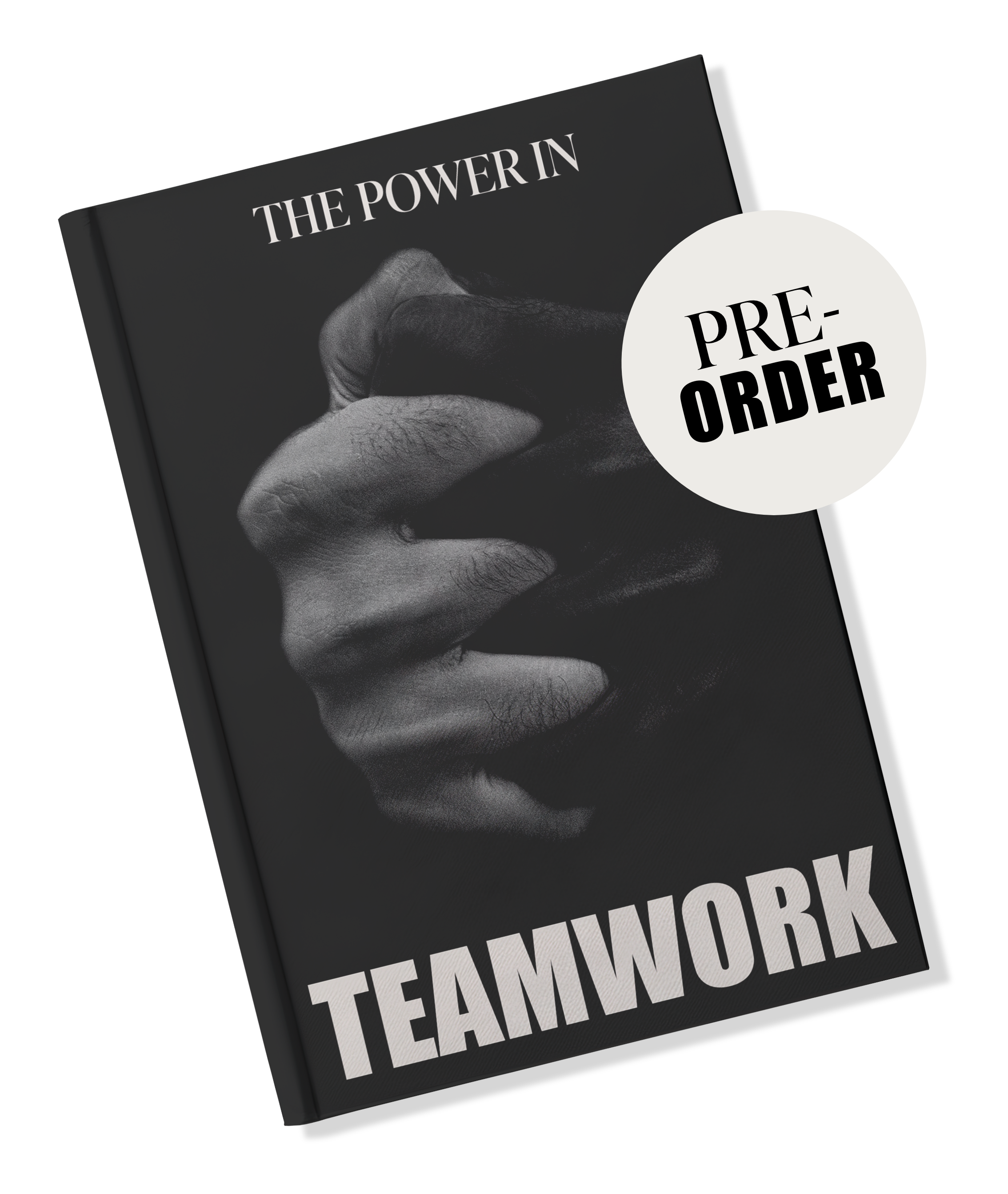 Black and white book cover with a close-up photo of two hands interlocked, one with a darker skin tone and the other with a lighter skin tone. The title reads 'The Power in Teamwork' and a circular label says 'Pre-Order'.