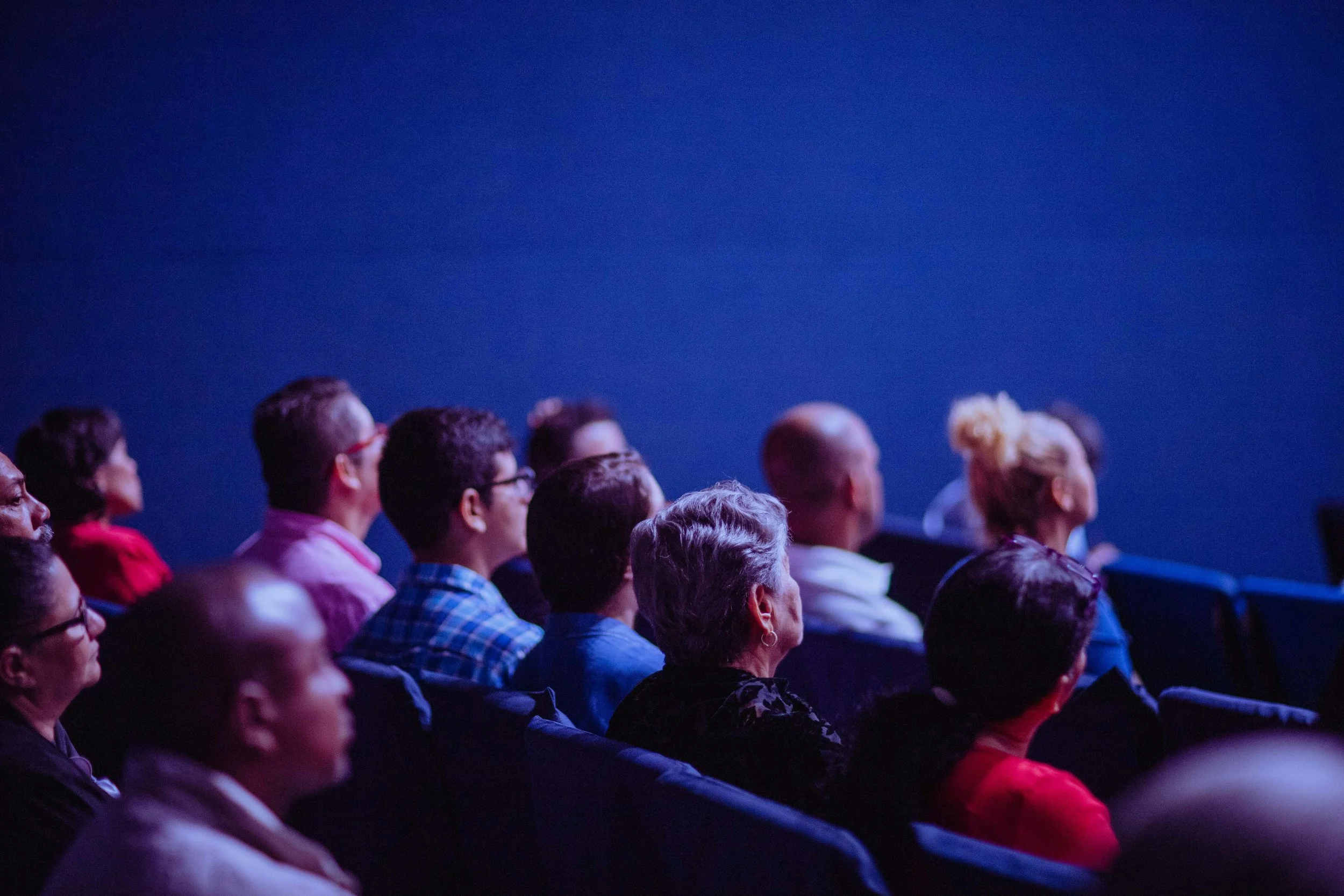 Audience seated in a dark theater watching a presentation or performance.