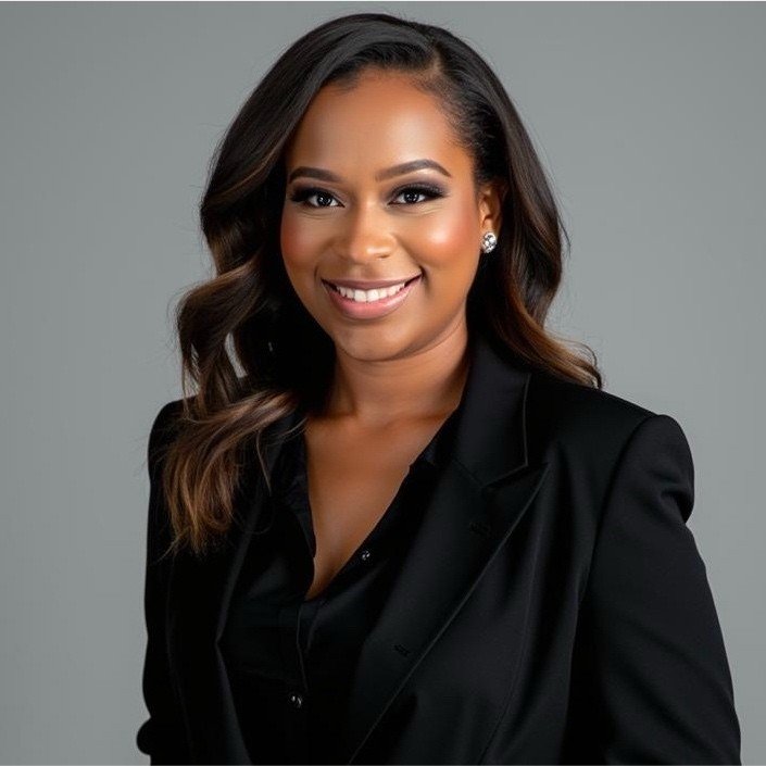 A smiling woman with wavy hair wearing a black blazer and earrings, against a gray background.