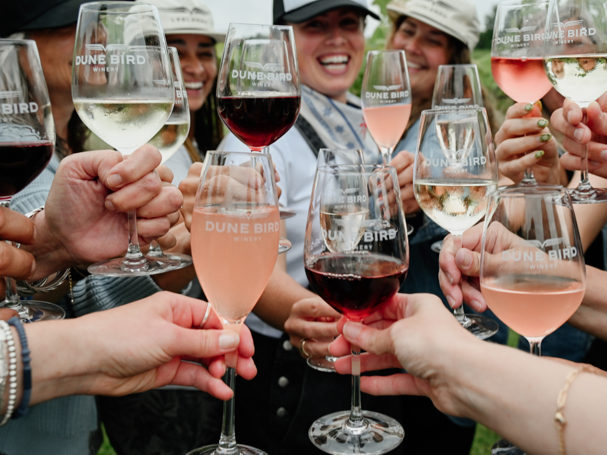 A group of people celebrating outdoors while clinking glasses of wine at Dune Bird Winery, smiling and enjoying the moment.