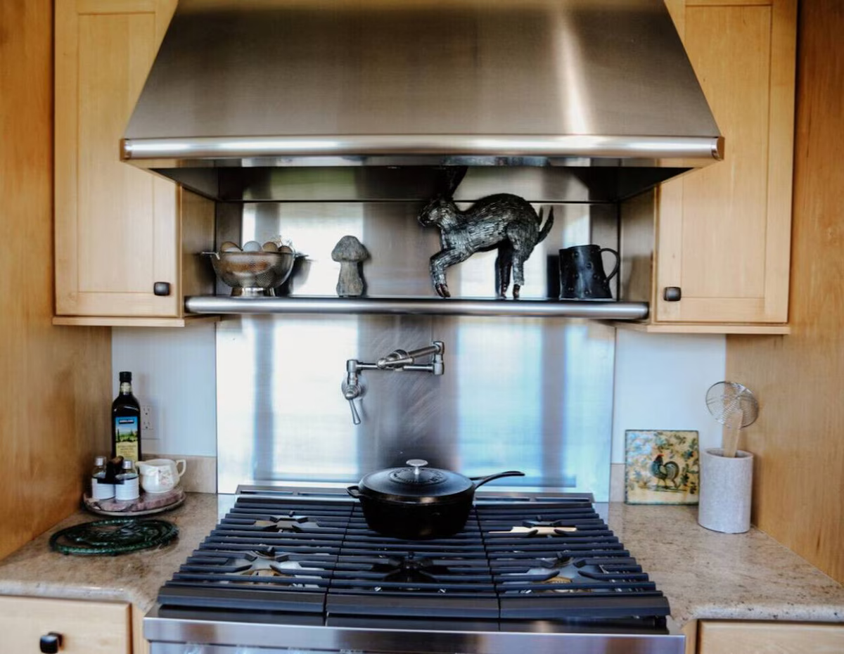 Kitchen stove with a black pot on top, wooden cabinets, and decorative items on a metal shelf including a dog figurine, a mushroom sculpture, and a black mug.