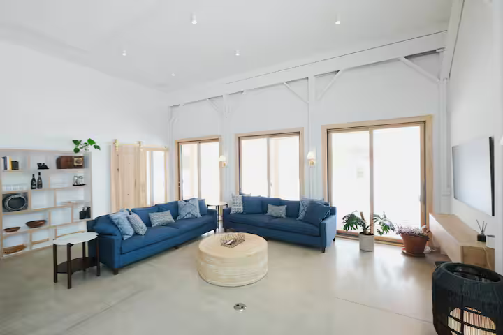 Bright living room with two blue sofas, a round beige ottoman, large windows, a white bookshelf, and potted plants.