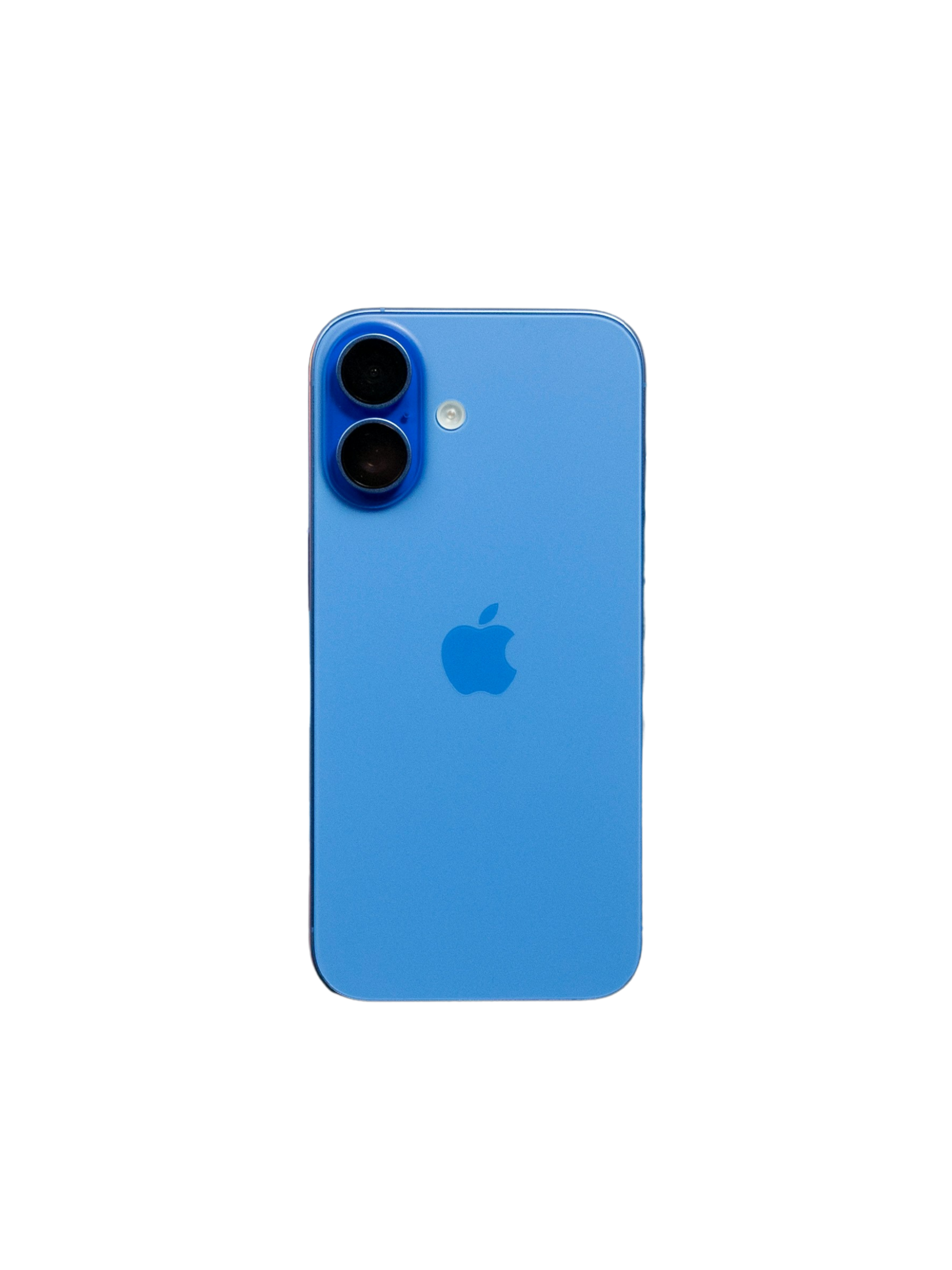 A blue iPhone with dual camera lenses on the back, positioned vertically, against a black background.