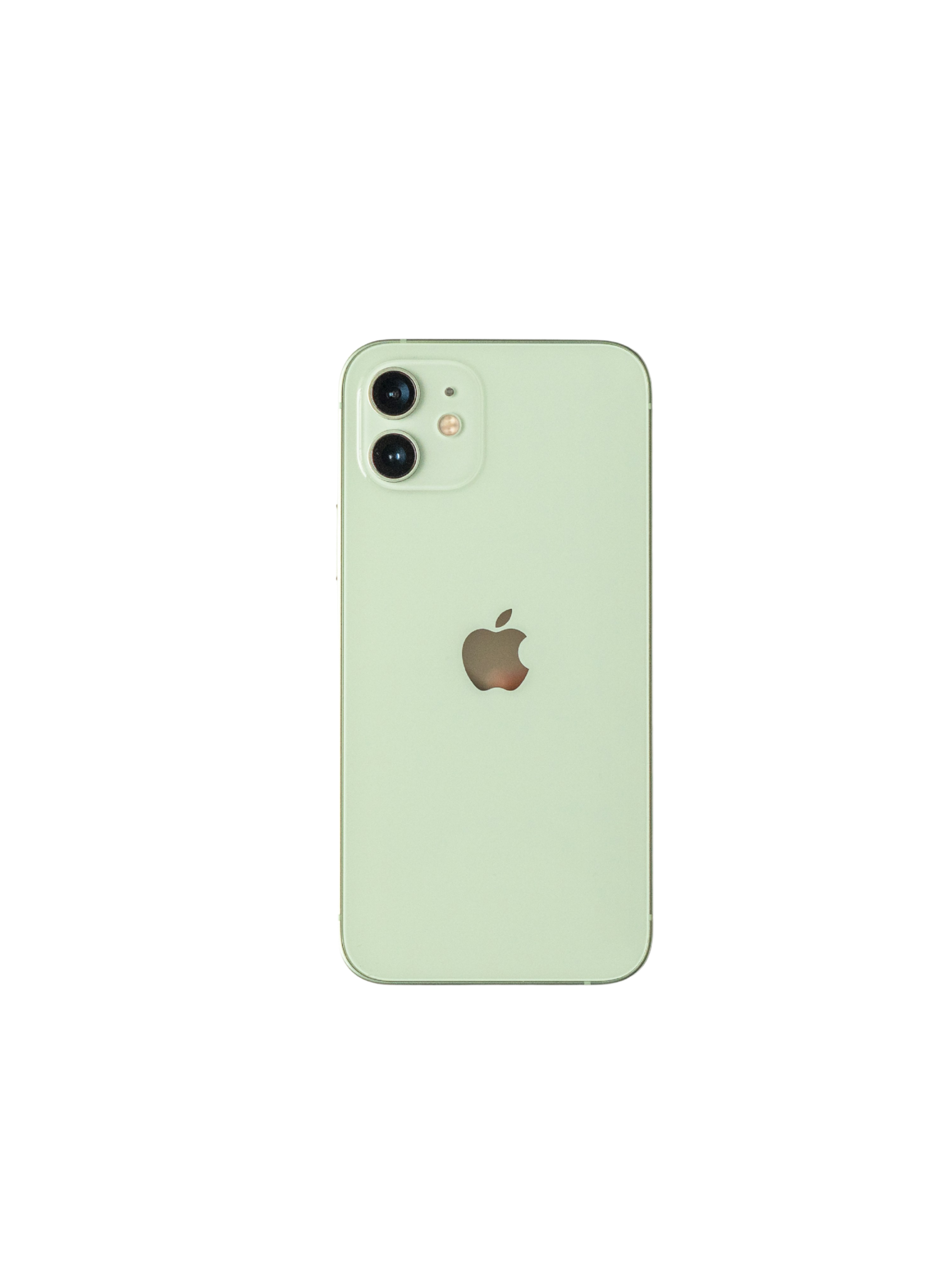 A light green iPhone with dual camera, flash, and Apple logo on a black background.