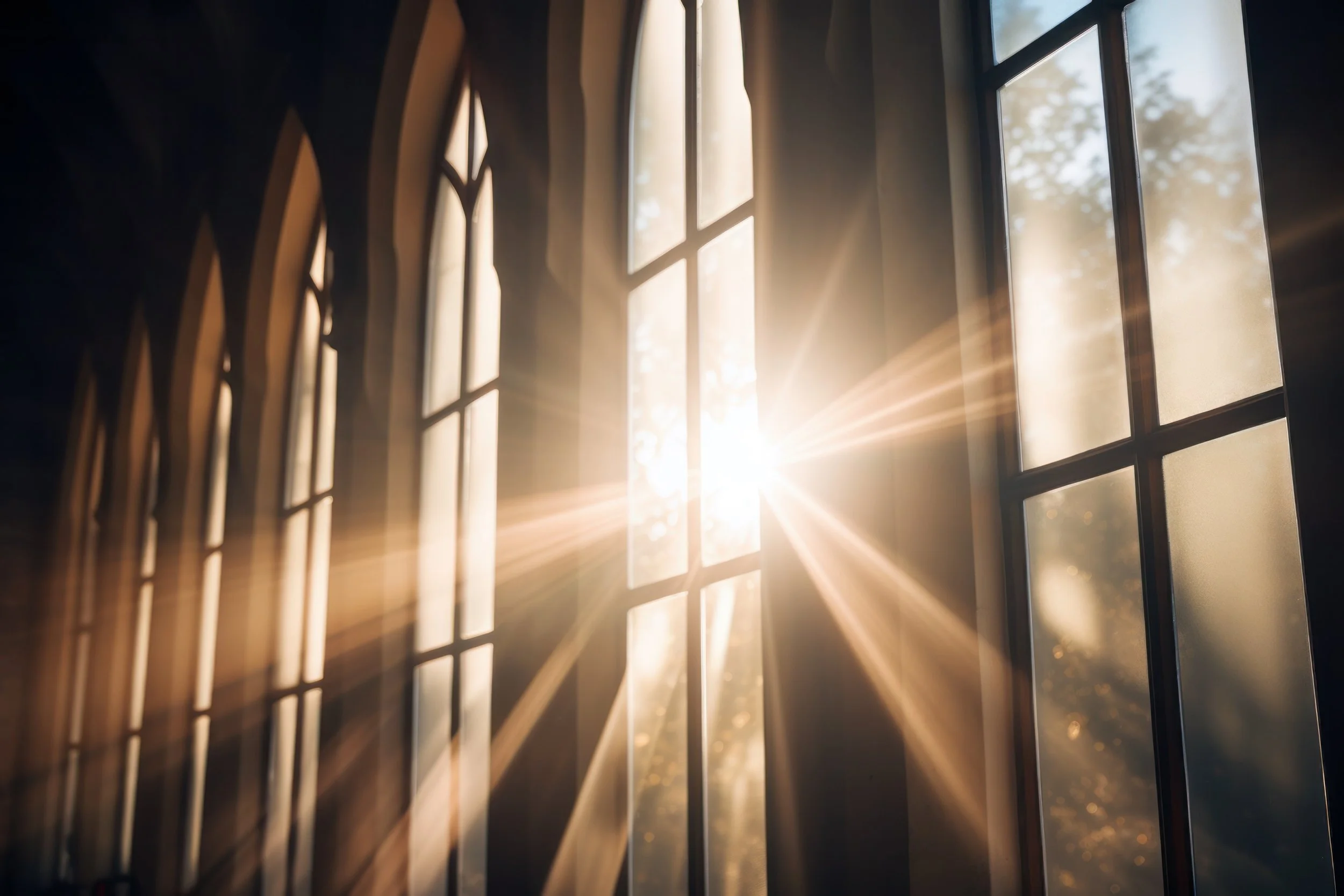 Sunlight shines through church windows.