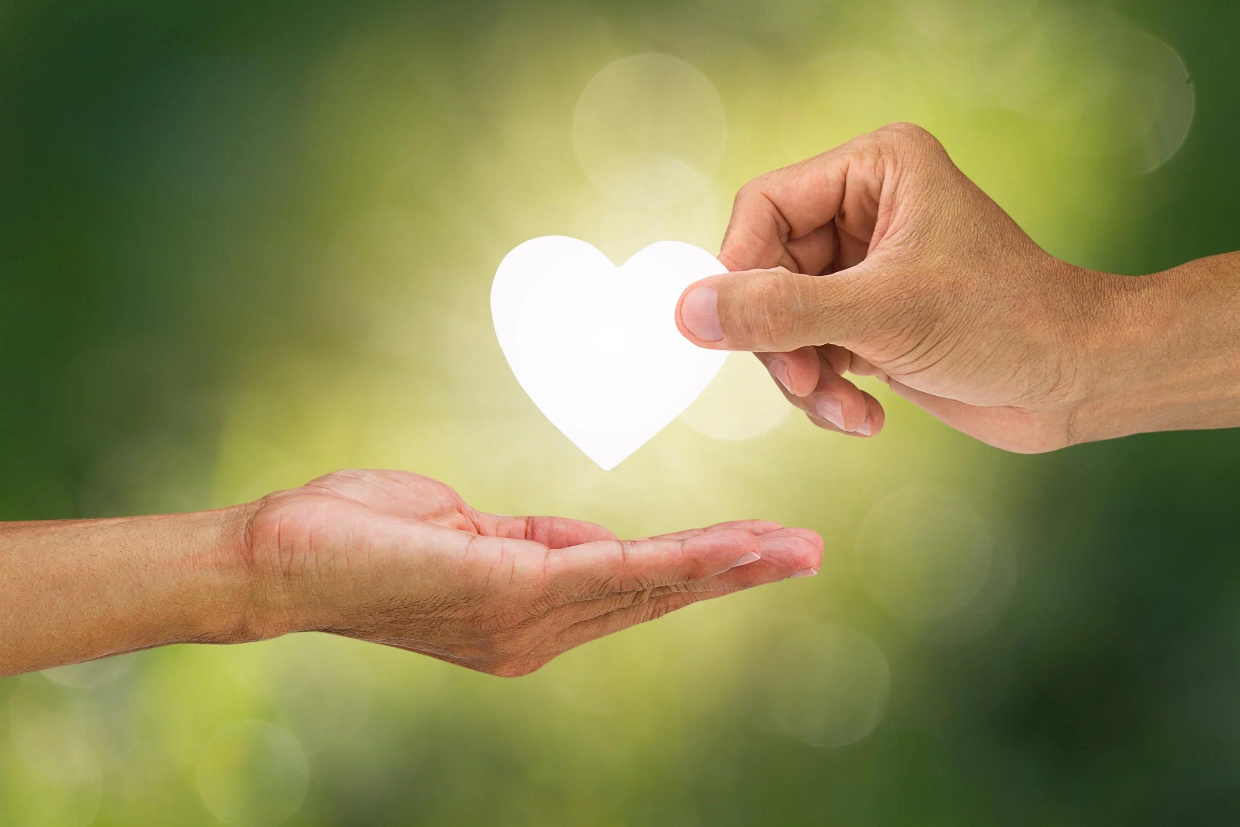 One hand holds a glowing white paper heart and is giving that glowing heart to another hand. Planned Giving and Trust Services.