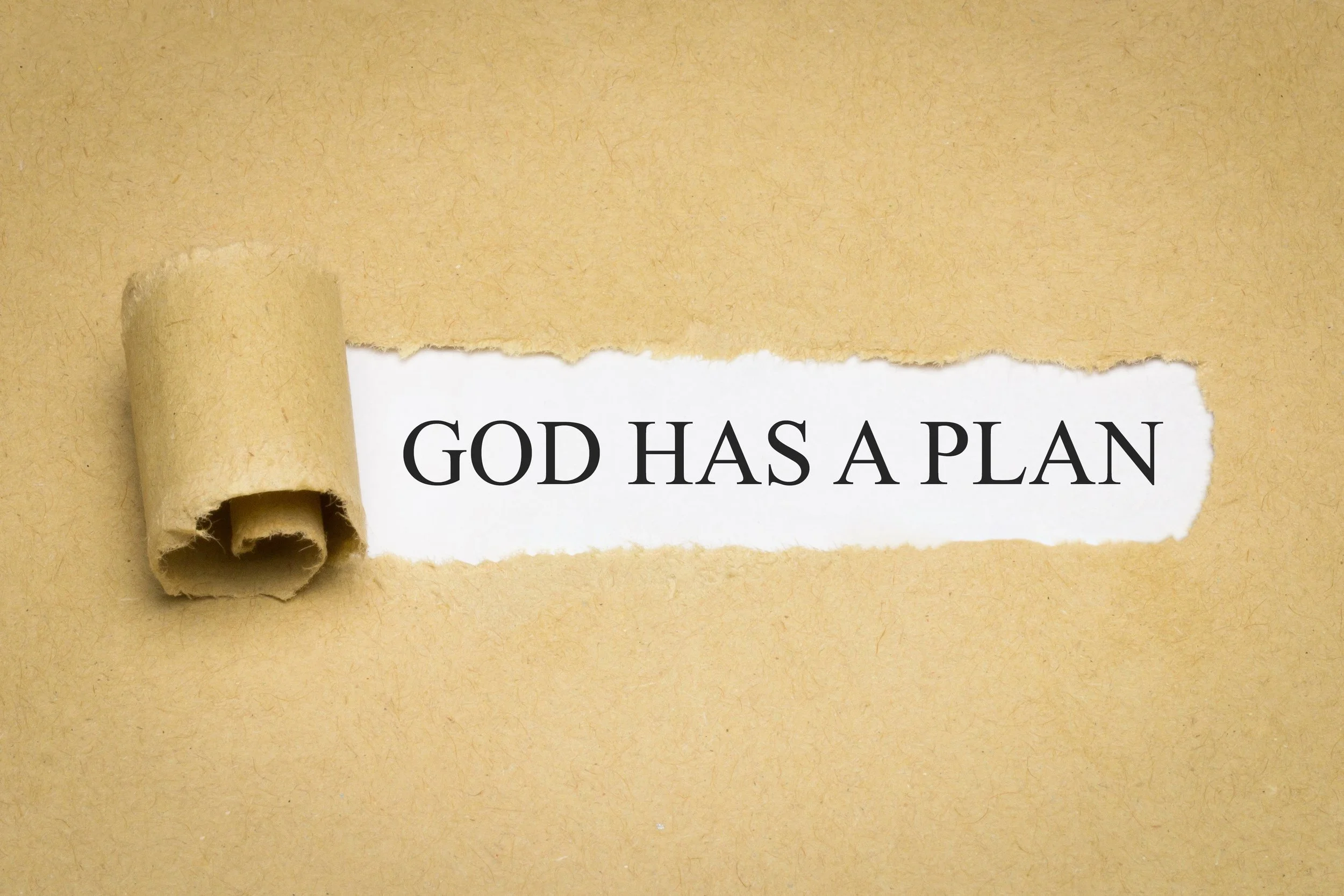 An envelope is torn open revealing text that says "God has a plan." Mission and Vision Discovery