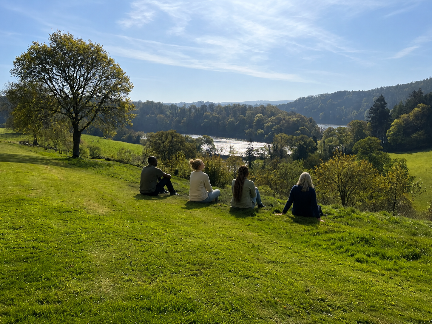 Four people sitting on a grassy hill, overlooking a scenic landscape with trees, a river, and hills in the distance on a sunny day.