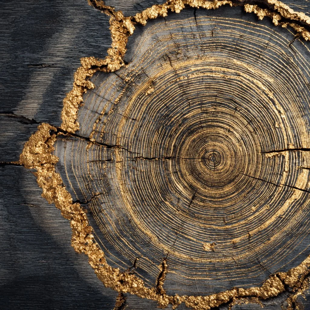 Close-up of a cross-section of a tree trunk showing growth rings, cracks, and some gold-colored residue around the edge.