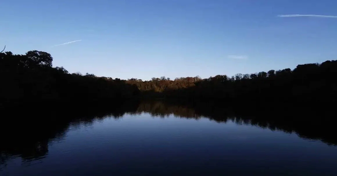 A peaceful river scene at dusk with dark silhouettes of trees on both sides and a clear blue sky with a few clouds reflecting on the water.