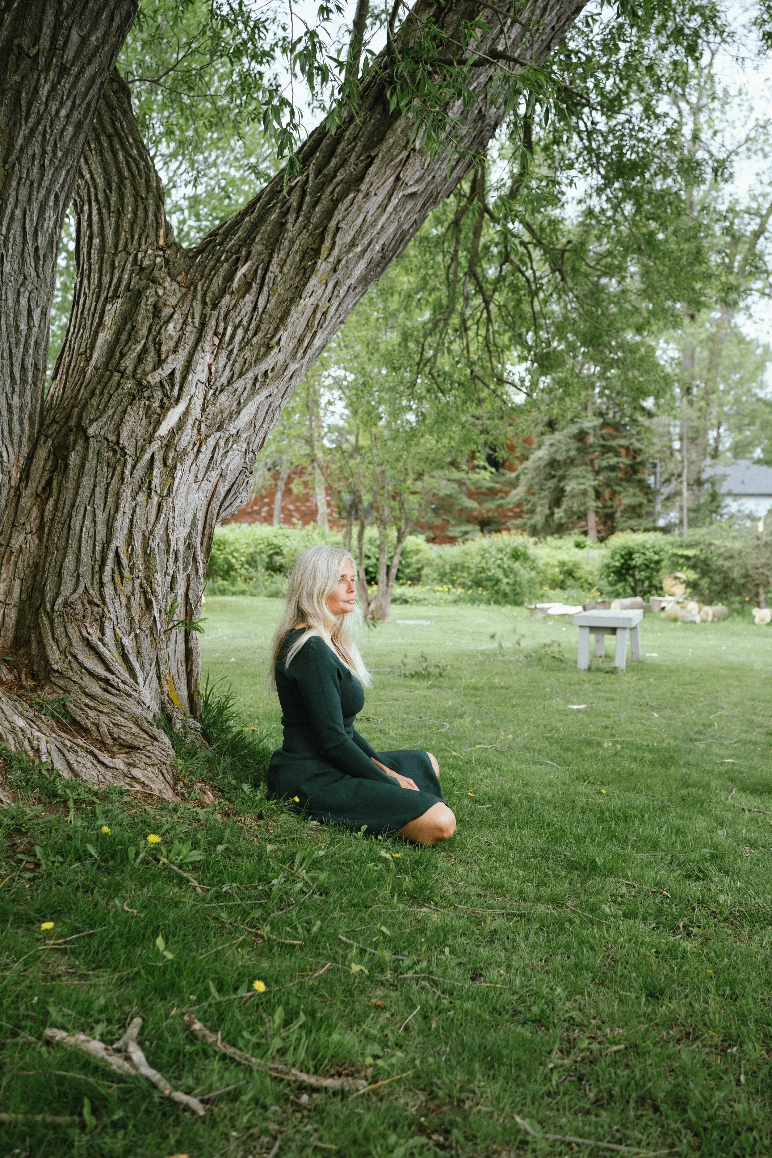 A woman with long blonde hair wearing a black dress, sitting on the grass under a large tree in a park or garden.