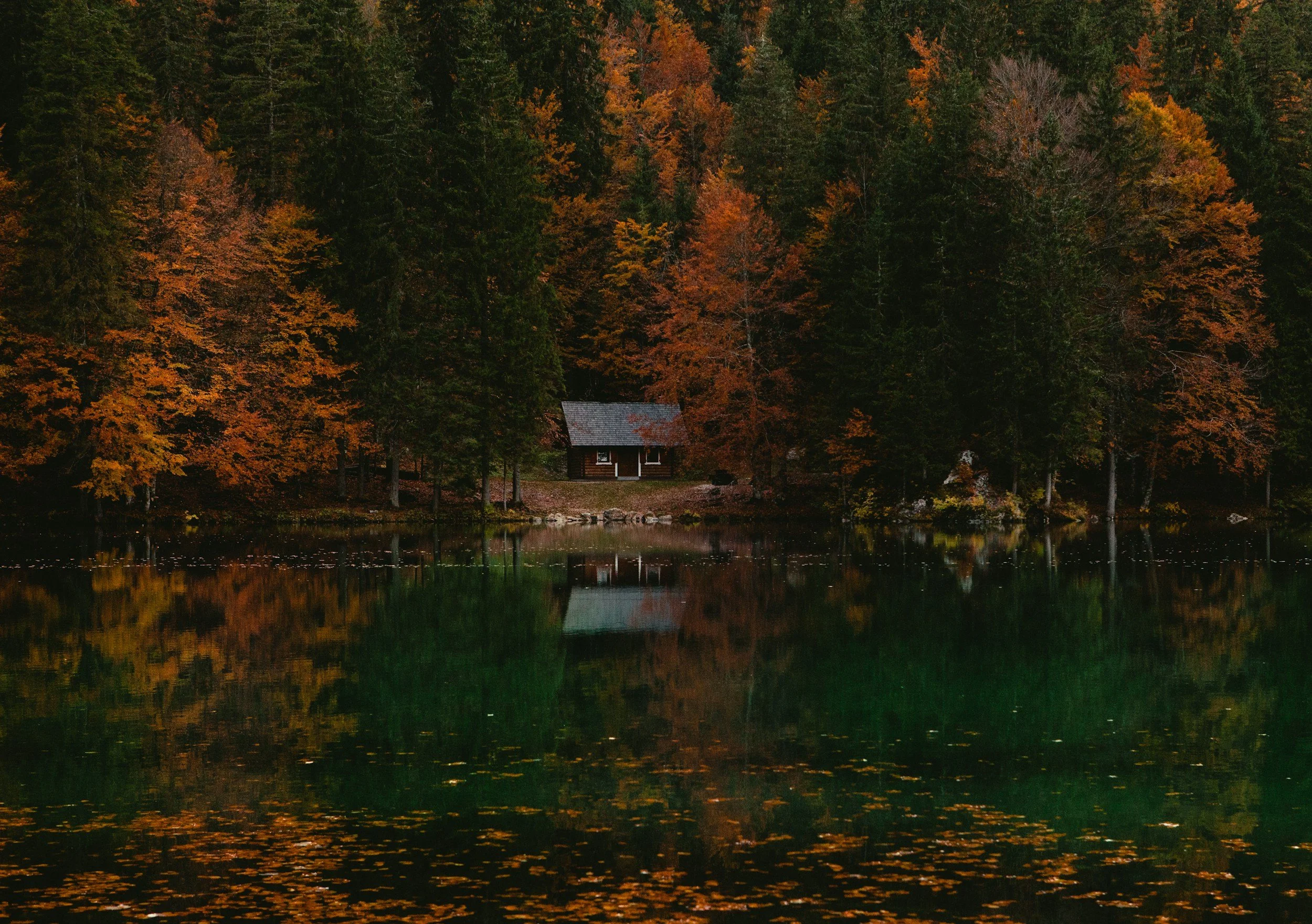 A house by a lake surrounded by trees with fall foliage, reflecting in the water.