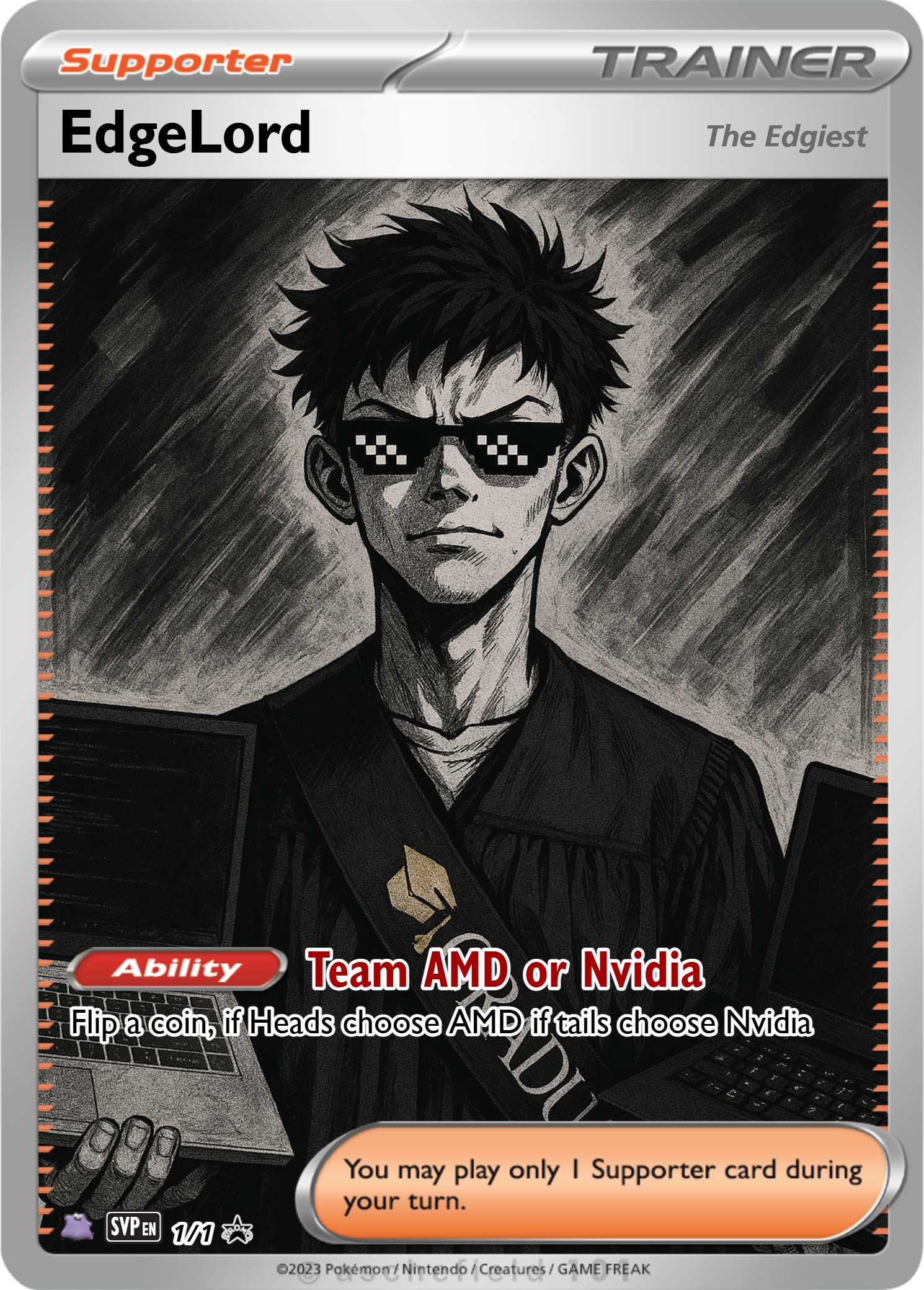 A grayscale illustrated Pokemon trainer card featuring a young man with spiky hair, wearing pixelated sunglasses, and holding two laptops. The card indicates support for AMD or Nvidia, with game-related information and symbols, including a small icon