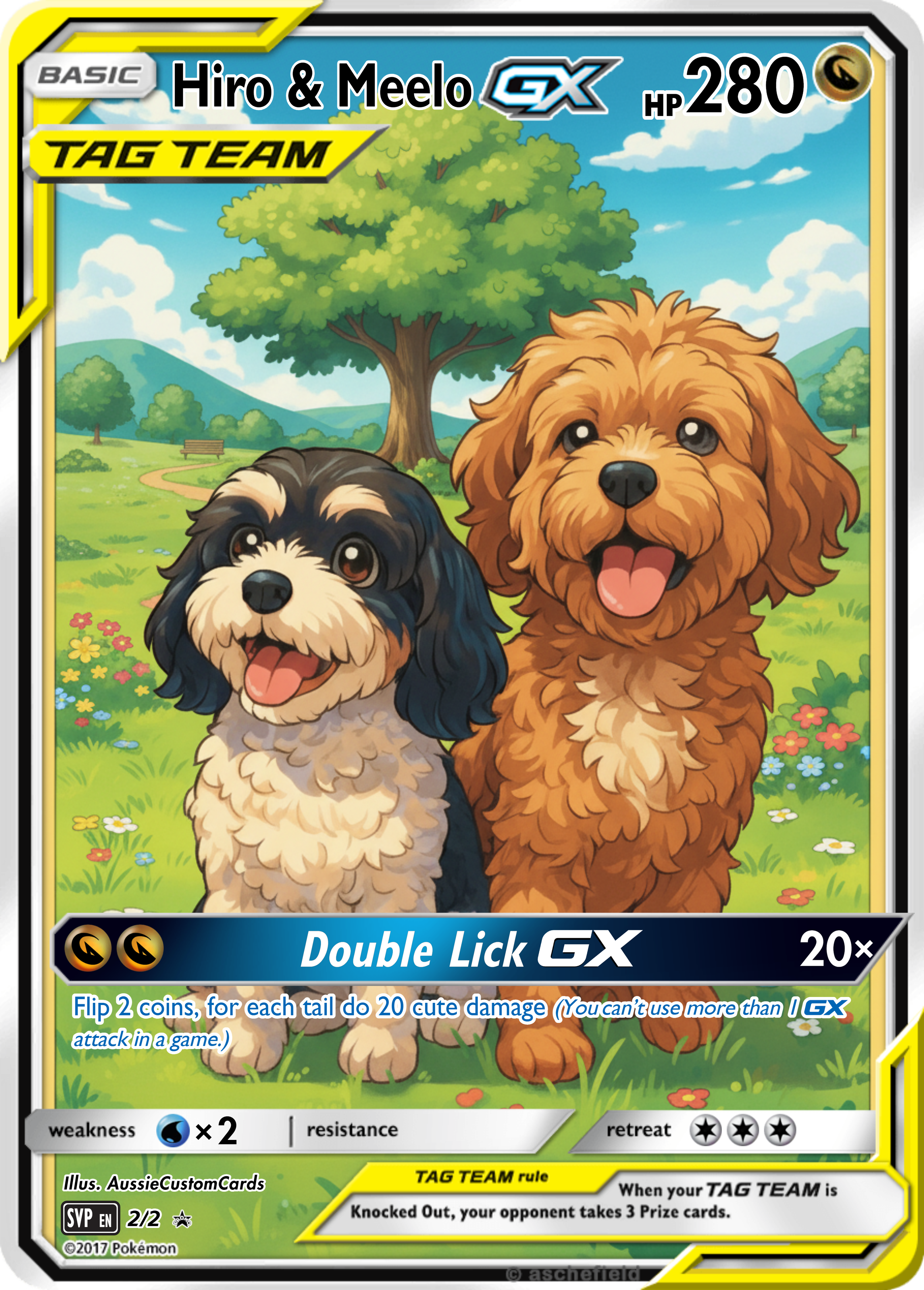 Pokemon card featuring two adorable puppies, one black and white and the other brown, in a park setting with green grass, flowers, a large tree, and a blue sky with clouds.