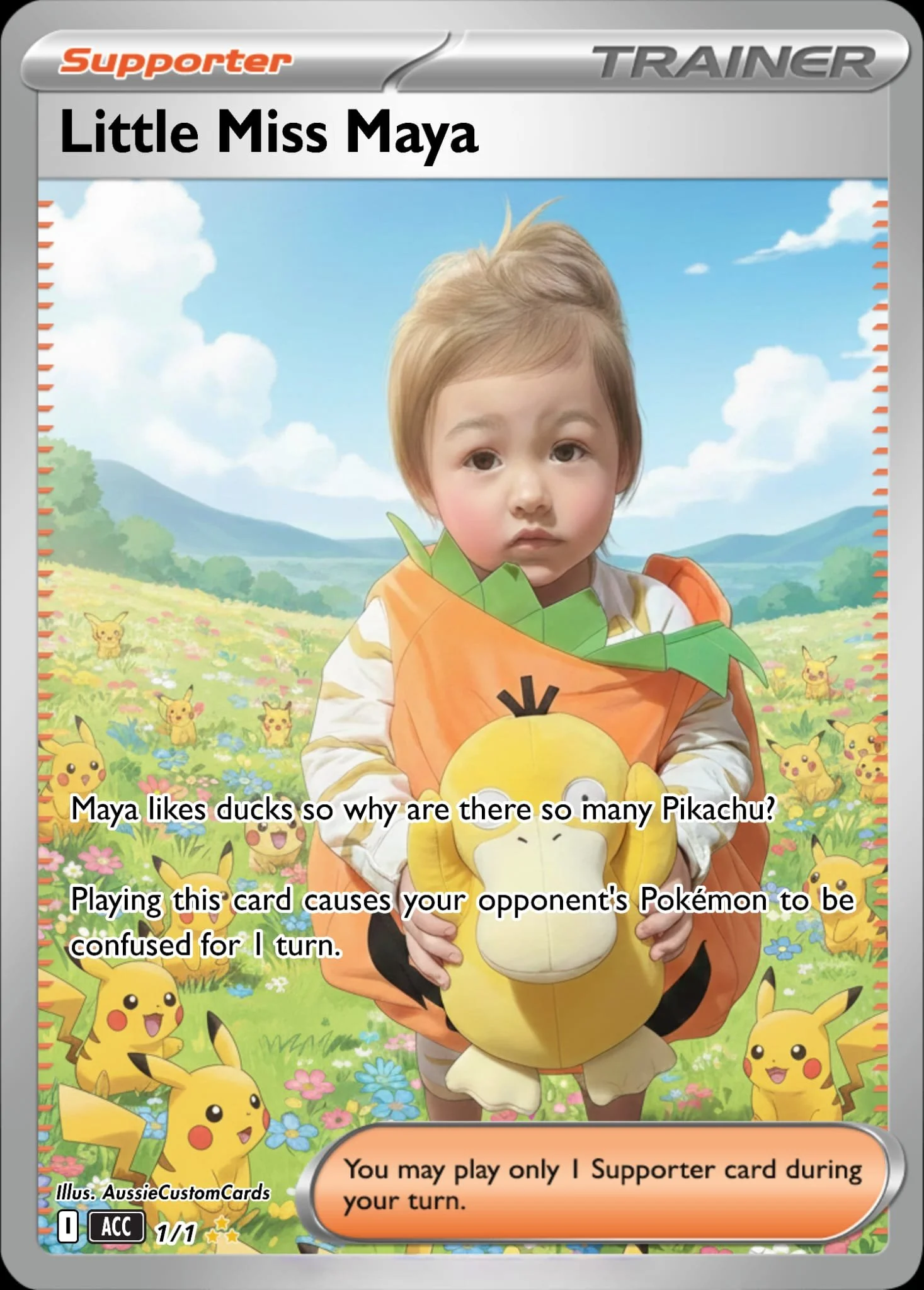A Pokémon supporter card featuring a young girl with blonde hair in a field of Pikachu. The girl wears a costume resembling a duck and holds a plush toy of Psyduck. Text on the card discusses Maya's love for ducks and the effects of playing the card in a Pokémon game.