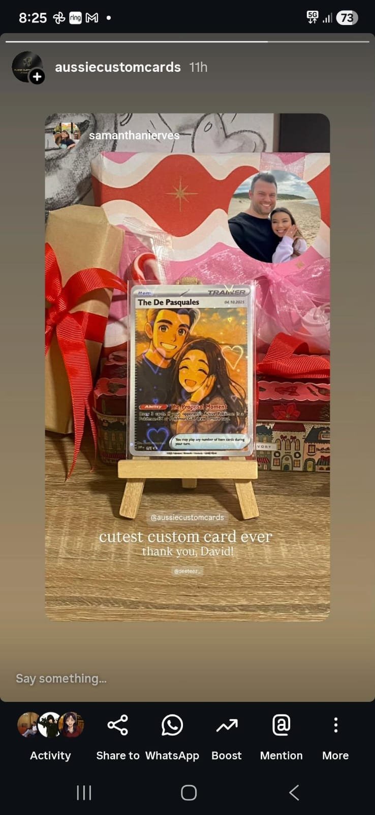 A display of colorful, wrapped gifts, a custom illustrated card, and a photo of a smiling couple at the beach. The card shows a cartoon of a guy and girl, and it is on a small wooden stand. Text on the photo reads, "cutest custom card ever thank you, David!"