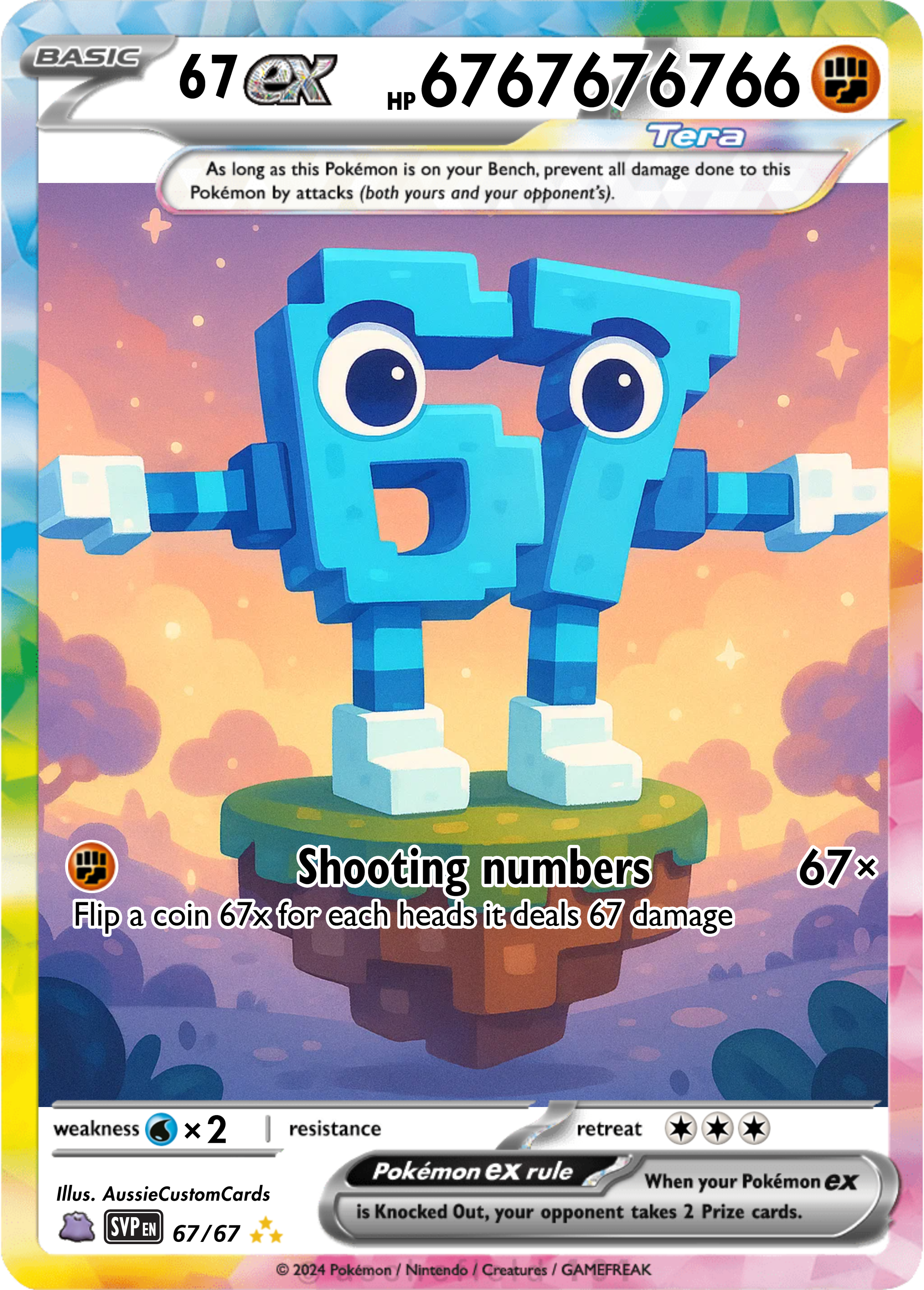 A digital illustration of a pixelated, blue, block-style Pokémon with large eyes and a open mouth, standing on a floating grassy platform with a pink and purple sky background.