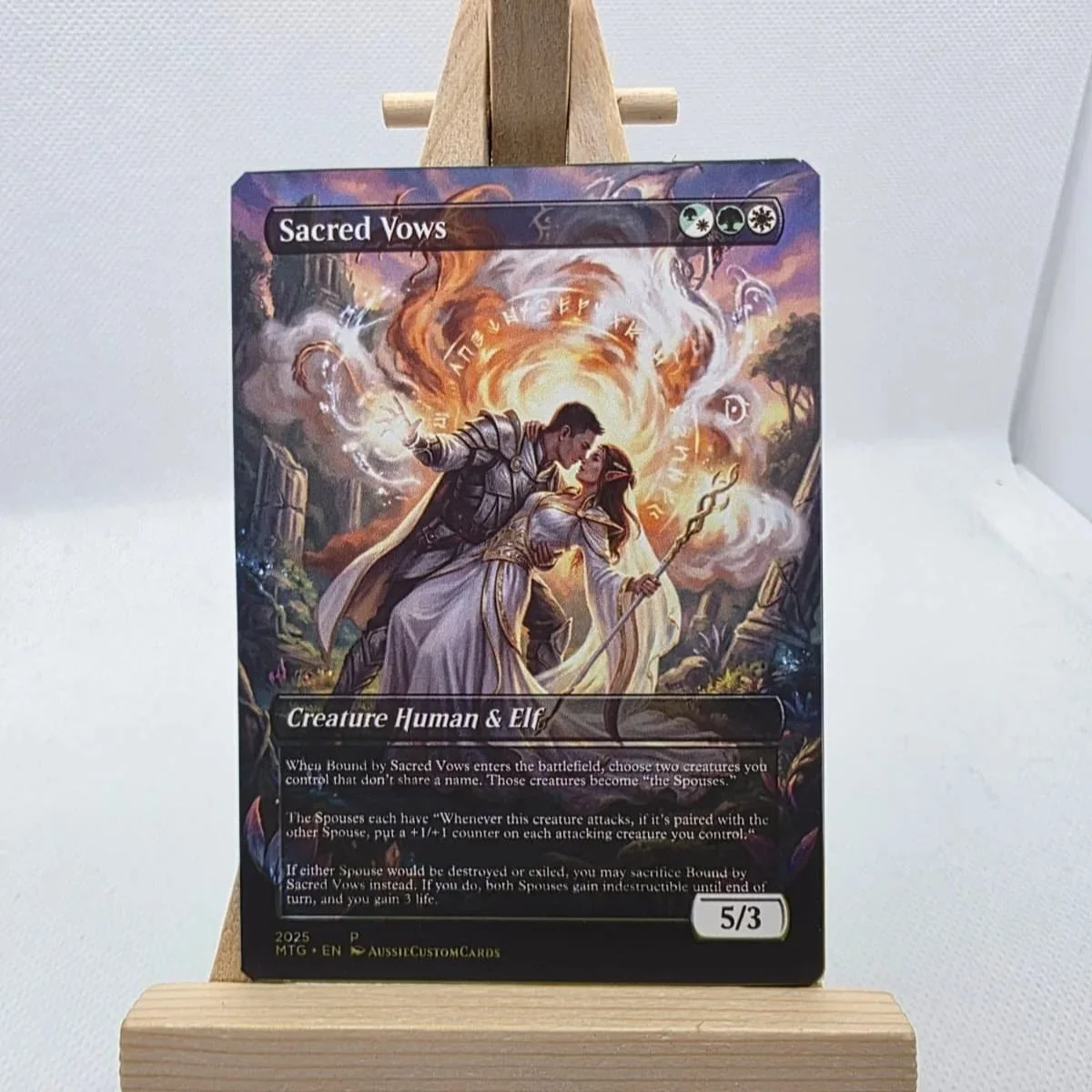 A custom Magic: The Gathering card titled Sacred Vows, featuring a human and elf couple embracing amid a glowing, magical backdrop.