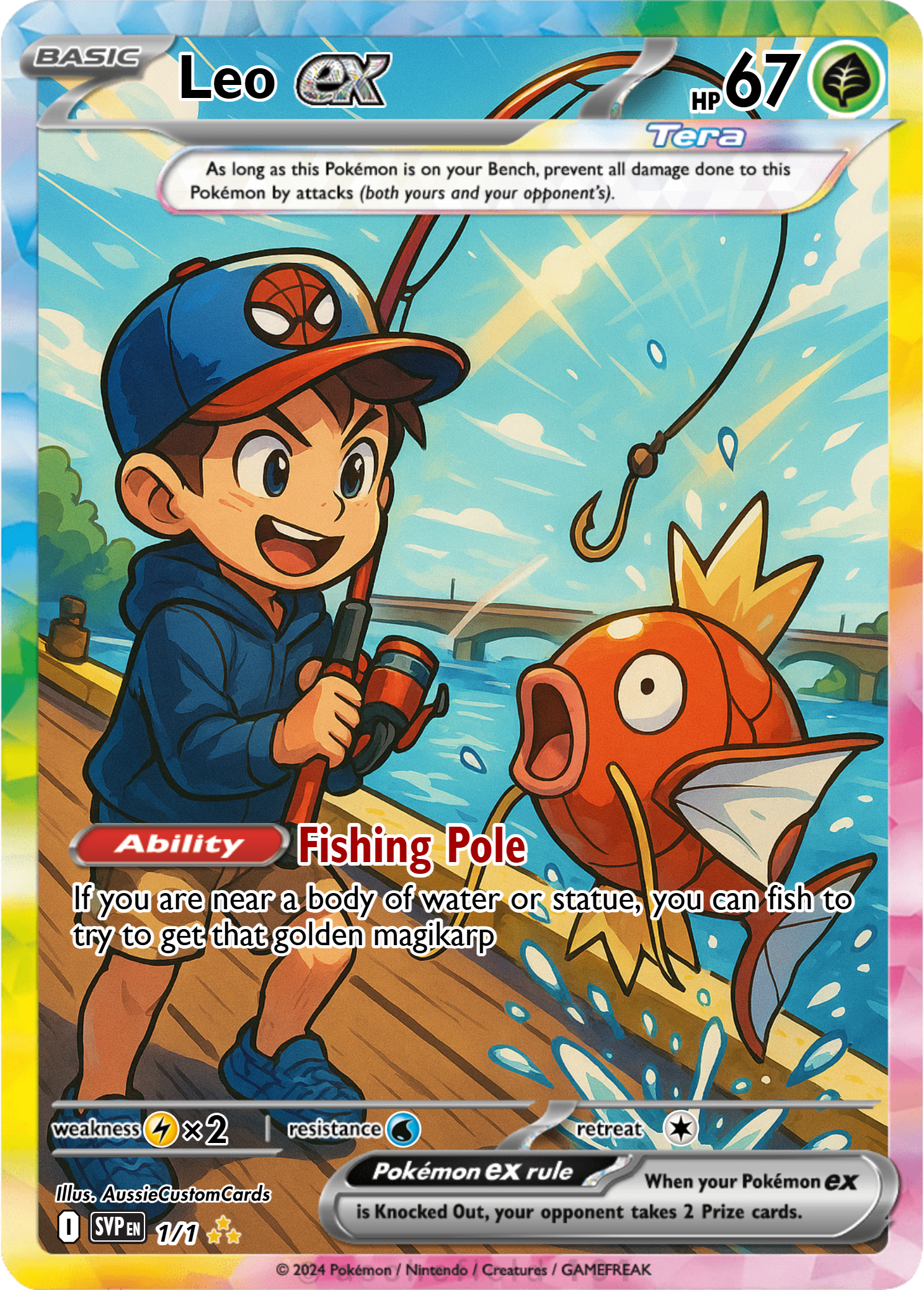 A Pokémon trading card showing a boy fishing with a pink and orange fishing rod by a river, catching a pink fish with large eyes and fins, with a bridge and greenery in the background.