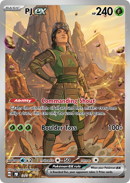 A Pokémon card featuring a female warrior in desert terrain with rocky cliffs in the background. She wears a green and brown outfit, a cap, and has her hands on her hips. The card is titled "Commanding Shout" and has 240 HP, with an ability description and move called "Boulder Toss" for 100+ damage. The card has a Fighting type, illustrated by a symbol, and various game stats and effects.