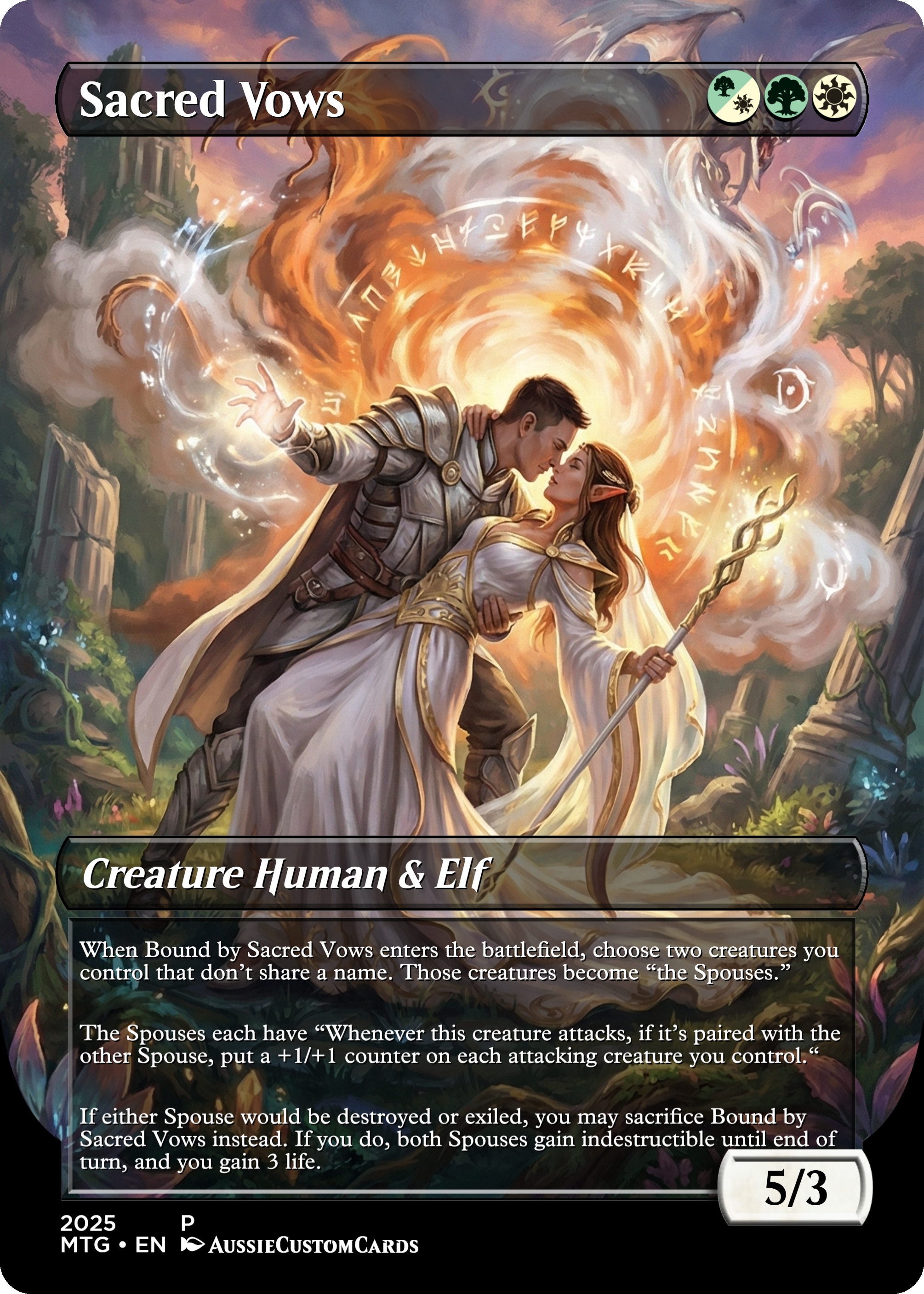 A fantasy-style illustration of a human male and an elf female engaged in an intimate moment, standing close with foreheads touching and eyes closed. The male character is dressed in armor, with a raised hand emitting magical energy, and the female h
