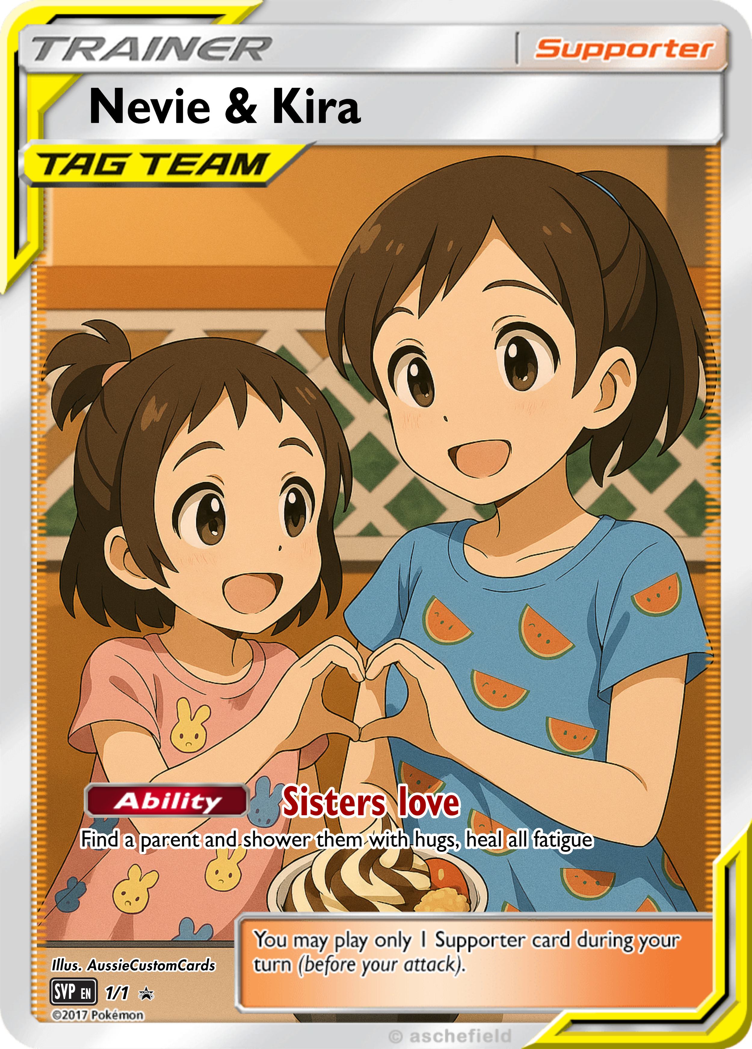 Anime-style illustration of two young girls, one with short brown hair and the other with slightly longer brown hair, smiling and forming a heart shape with their hands in a cozy indoor setting. The girl on the right is wearing a blue shirt with watermelon slices, and the girl on the left is wearing a pink shirt with bunny patterns.