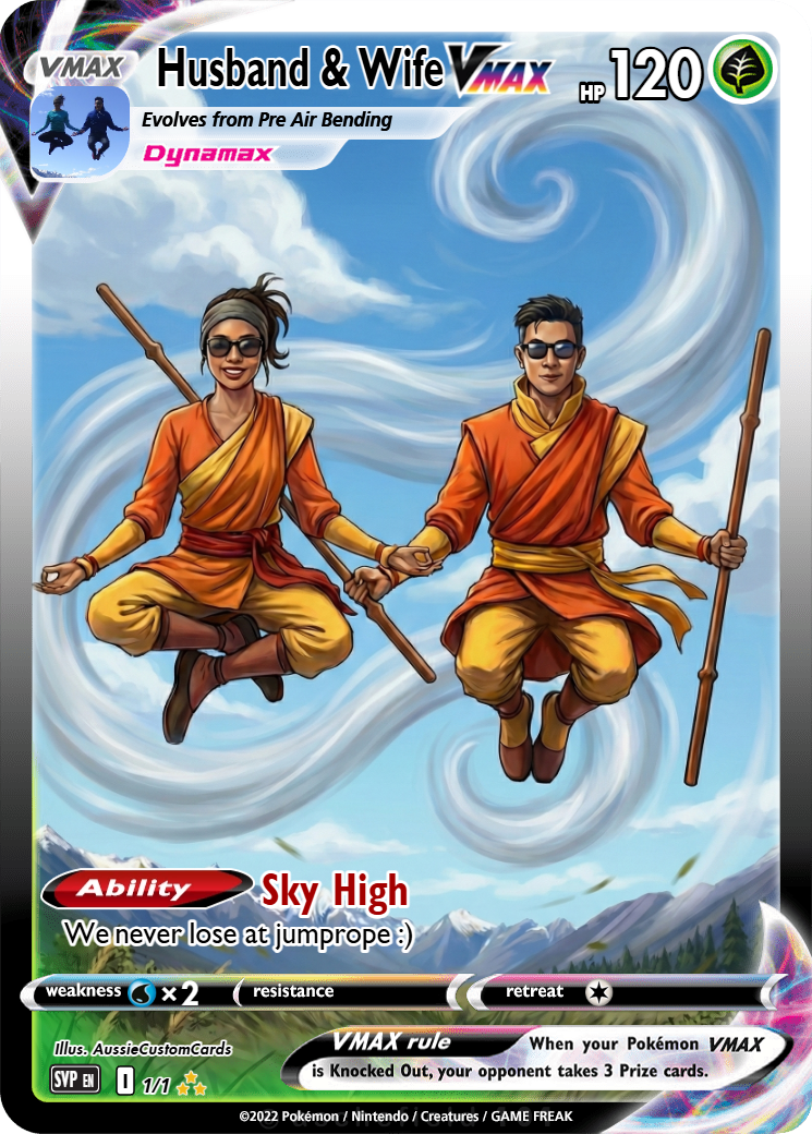 A custom Pokémon card titled "Husband & Wife Sky Max" featuring a man and woman in orange and yellow traditional martial arts attire, flying in the sky with clouds and mountain scenery below, holding hands with happy expressions. magic the gathering