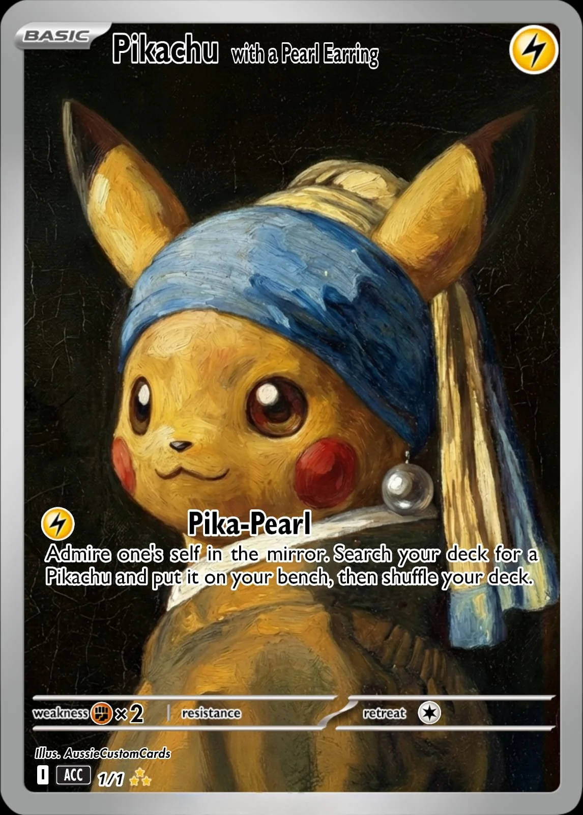 A Pokemon card featuring Pikachu with a pearl earring, painted in a style similar to a classical portrait, with Pikachu wearing a blue headscarf and a pearl earring. Aussie Custom Cards specializes in high-quality custom Pokémon cards and personalise
