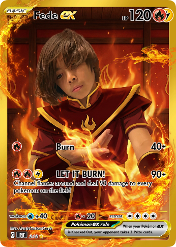 A young boy dressed as a fire nation avatar with flames and fire effects around him, holding fire