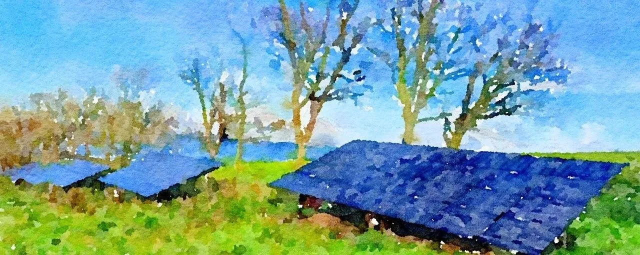 Watercolor painting of solar panels outdoors with trees and blue sky in the background.