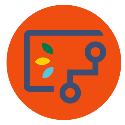 Icon of a circuit board with three colored leaves in green, red, and blue, on an orange circular background.
