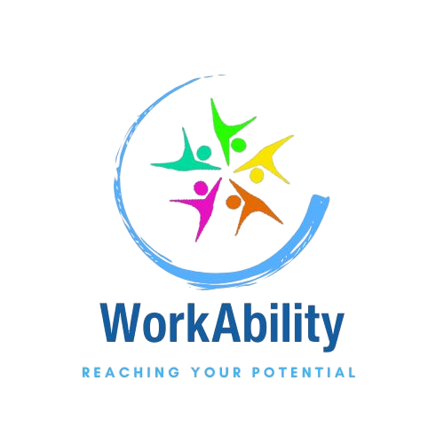 Logo for WorkAbility featuring five colorful human figures around a blue circle with the slogan "Reaching Your Potential."