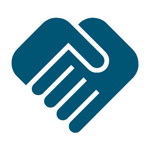 A dark blue icon of two hands shaking.