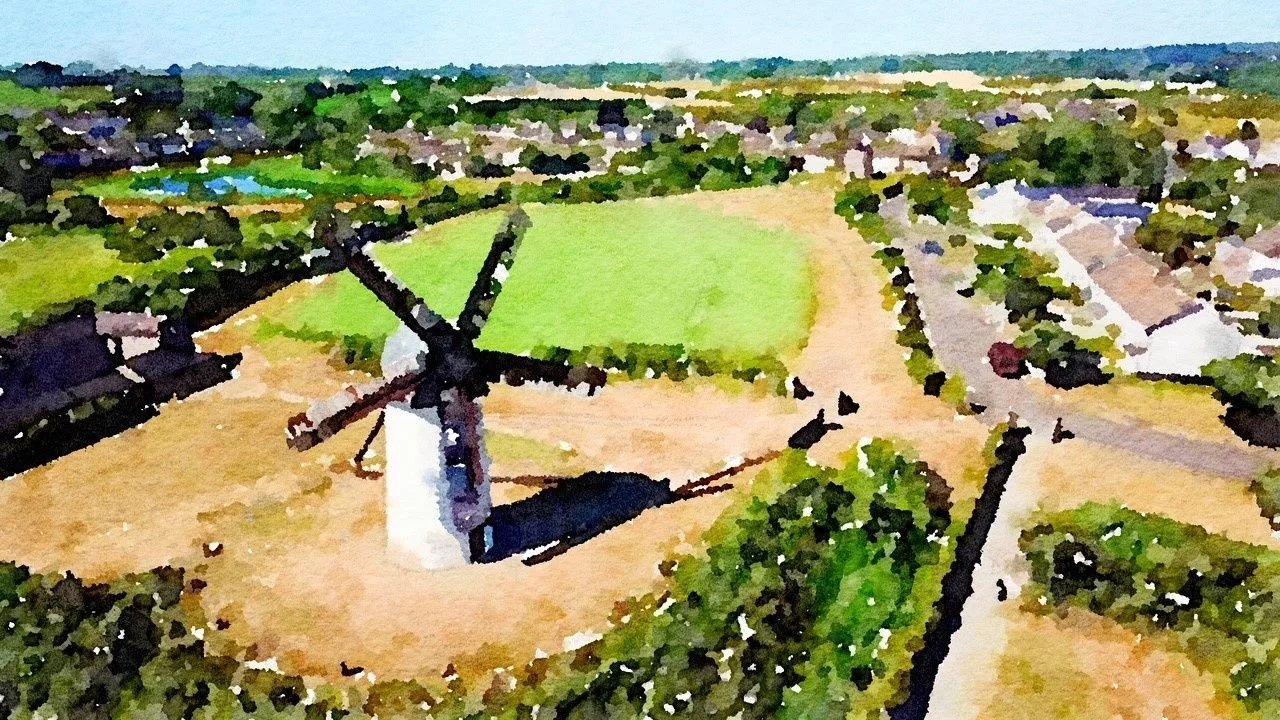 A watercolor painting of a small countryside landscape featuring a windmill, green fields, trees, and a dirt path.