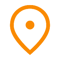 Icon of a location pin in orange with a black background.