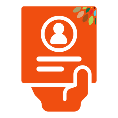 Illustration of a hand holding a smartphone with a profile icon and colorful leaves in the top right corner.