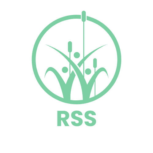 An RSS feed icon with a stylized plant or grass inside a circle, and the letters 'RSS' below.