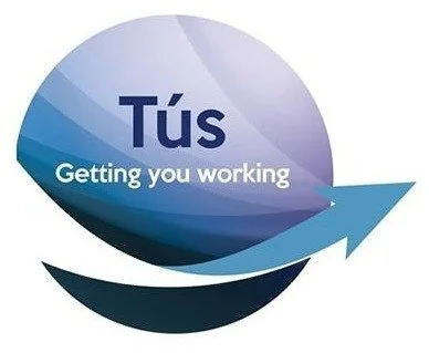 Logo with the text 'Tús Getting you working' inside a blue and purple spherical design with an arrow.