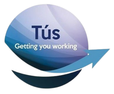 Circular logo with the word 'Tús' and the phrase 'Getting you working' with an upward arrow design.