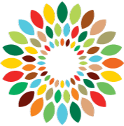 Colorful abstract design resembling a tree with multicolored overlapping shapes as leaves and a central vertical structure.