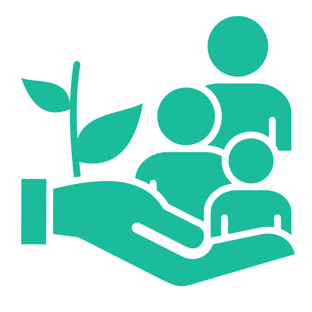 Illustration of a hand holding a small plant with three human figures standing behind it, symbolizing environmental care and community support.