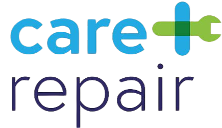 Logo with the words 'care' and 'repair,' with a green plus sign in the middle