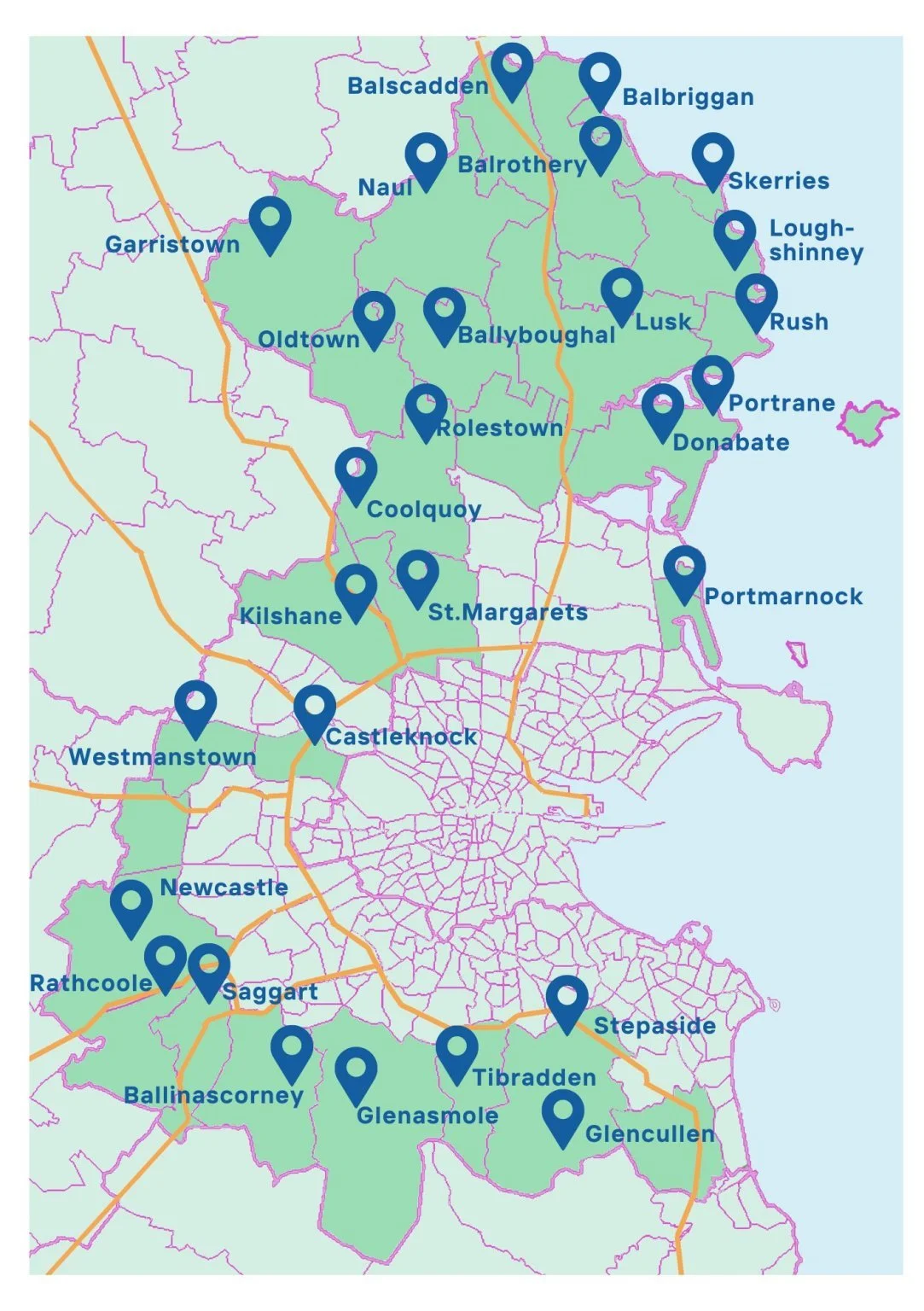 Map of Dublin, Ireland, highlighting various neighborhoods with markers and labels, including Ballybrigan, Skerries, Rush, Portmarnock, Northside neighborhoods, and Southside neighborhoods like Dundrum, Terenure, Rathfarnham.