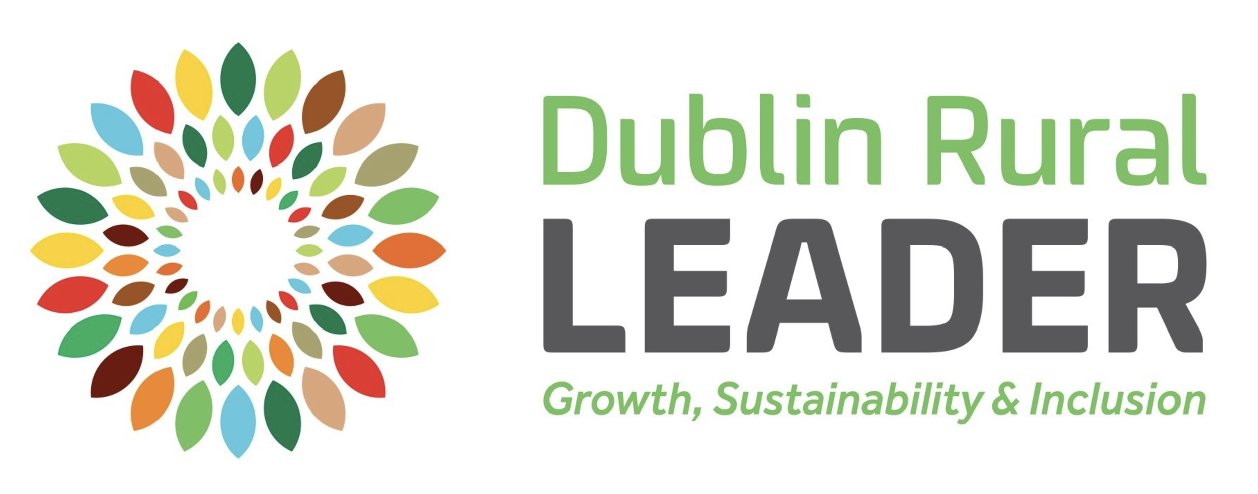 Dublin Rural Leader logo with a colorful circular pattern and the text 'Dublin Rural LEADER Growth, Sustainability & Inclusion'.