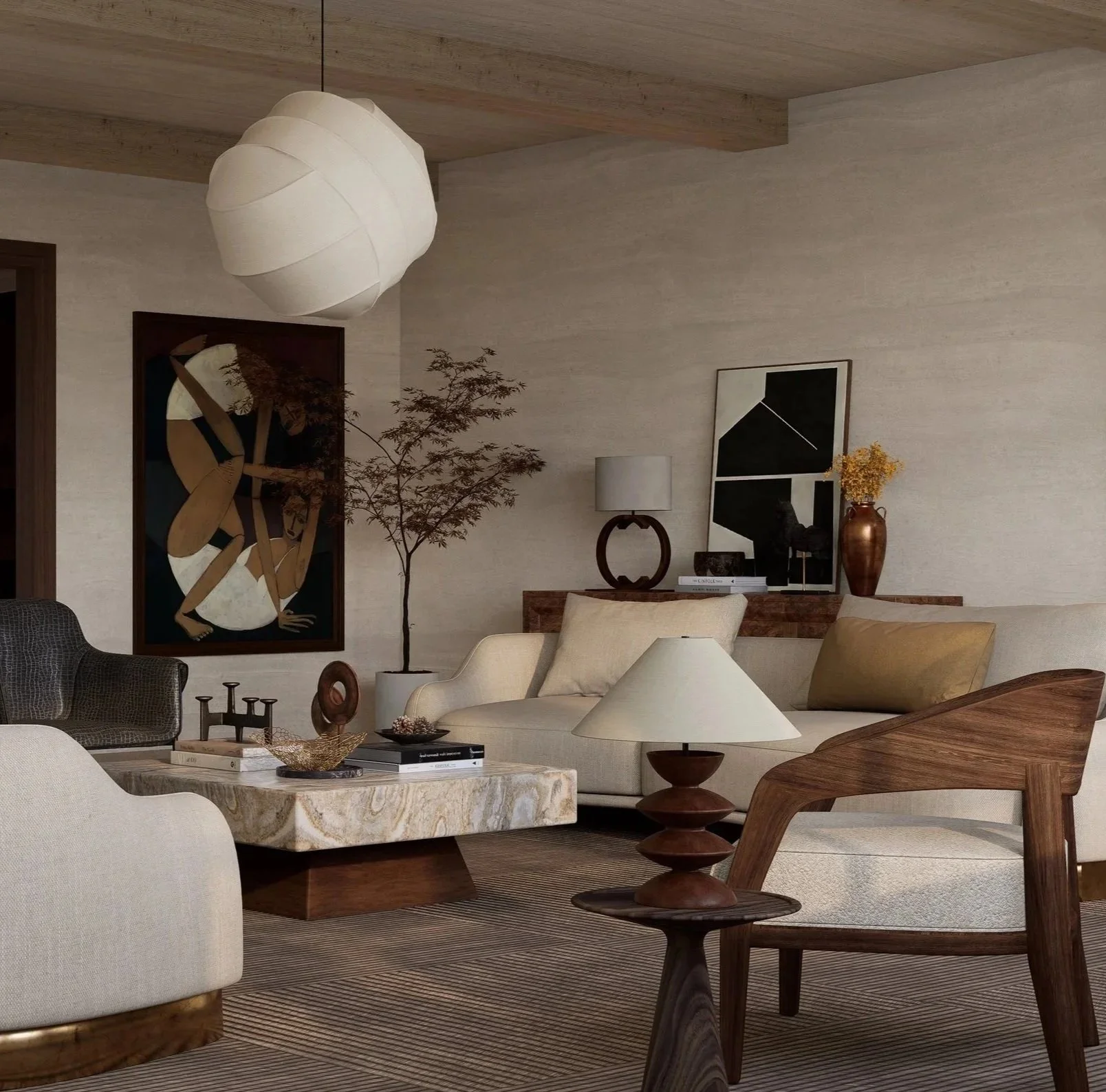 Modern living room with beige sofas, wooden furniture, abstract art, a paper lantern ceiling light, and decorative items.