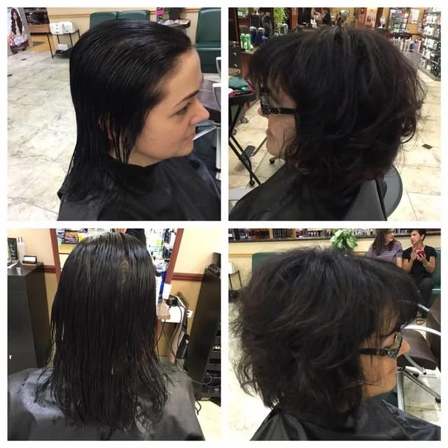 Four photos showing a woman's hair transformation at a salon, from wet hair to styled, curly hair after a haircut and styling.