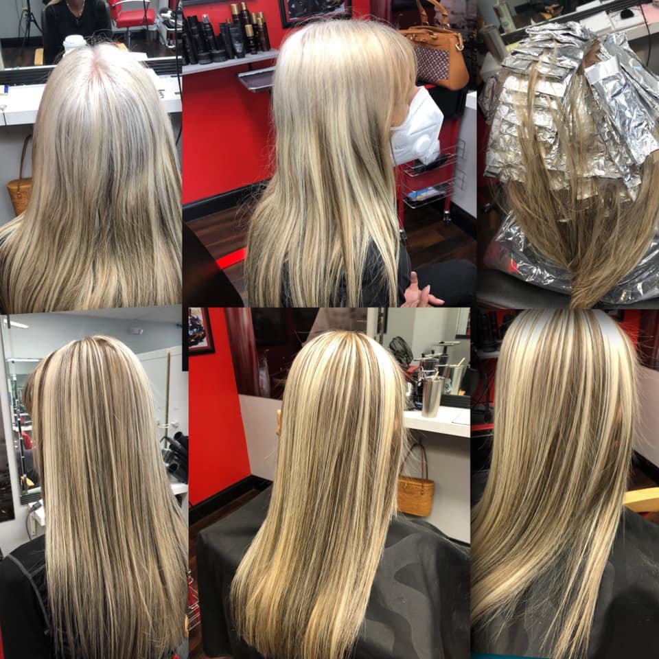 Sequence of photos showing the transformation of a woman’s blonde hair in a salon, from a darker root area to sleek, shiny, bright blonde hair.