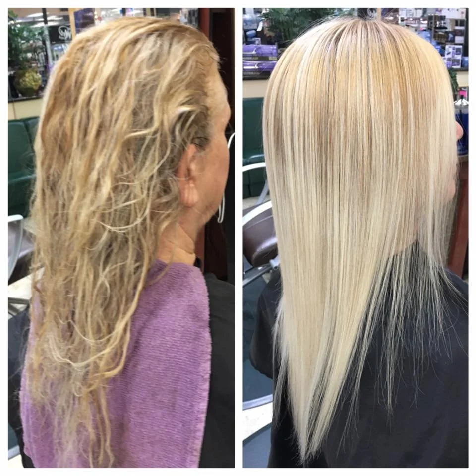 Side-by-side comparison of a woman's hair before and after being professionally styled. The left shows her hair wet, messy, and curly, while the right displays her hair straightened, smooth, and blonde.