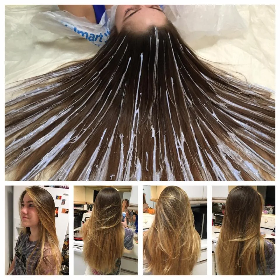 A woman having her hair washed at a salon with white shampoo lather in her long brown hair, shown from an overhead angle. The sequence includes her from the front, back, and side views revealing her long, blonde hair after a wash.