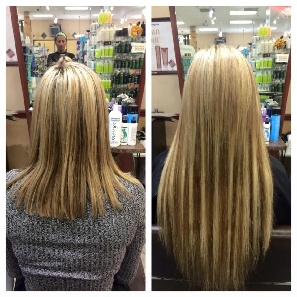 Comparison of a woman's hair before and after a hair treatment. The hair appears longer, shinier, and healthier in the after photo.